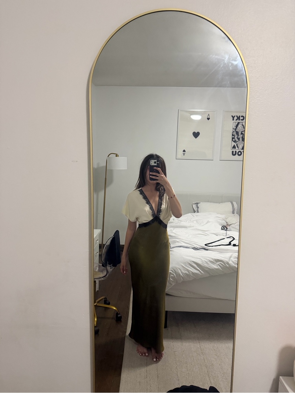 Zara Olive Green Satin Maxi Dress with Ivory and Black Lace Trim